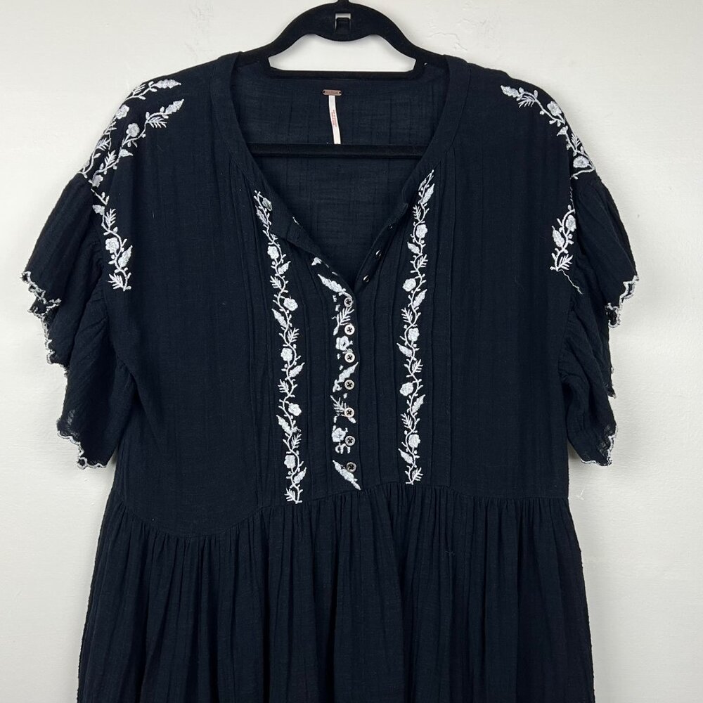Free People Black Santiago Embroidered Short Sleeve Boho Mini Dress Size S - Picture 4 of 8